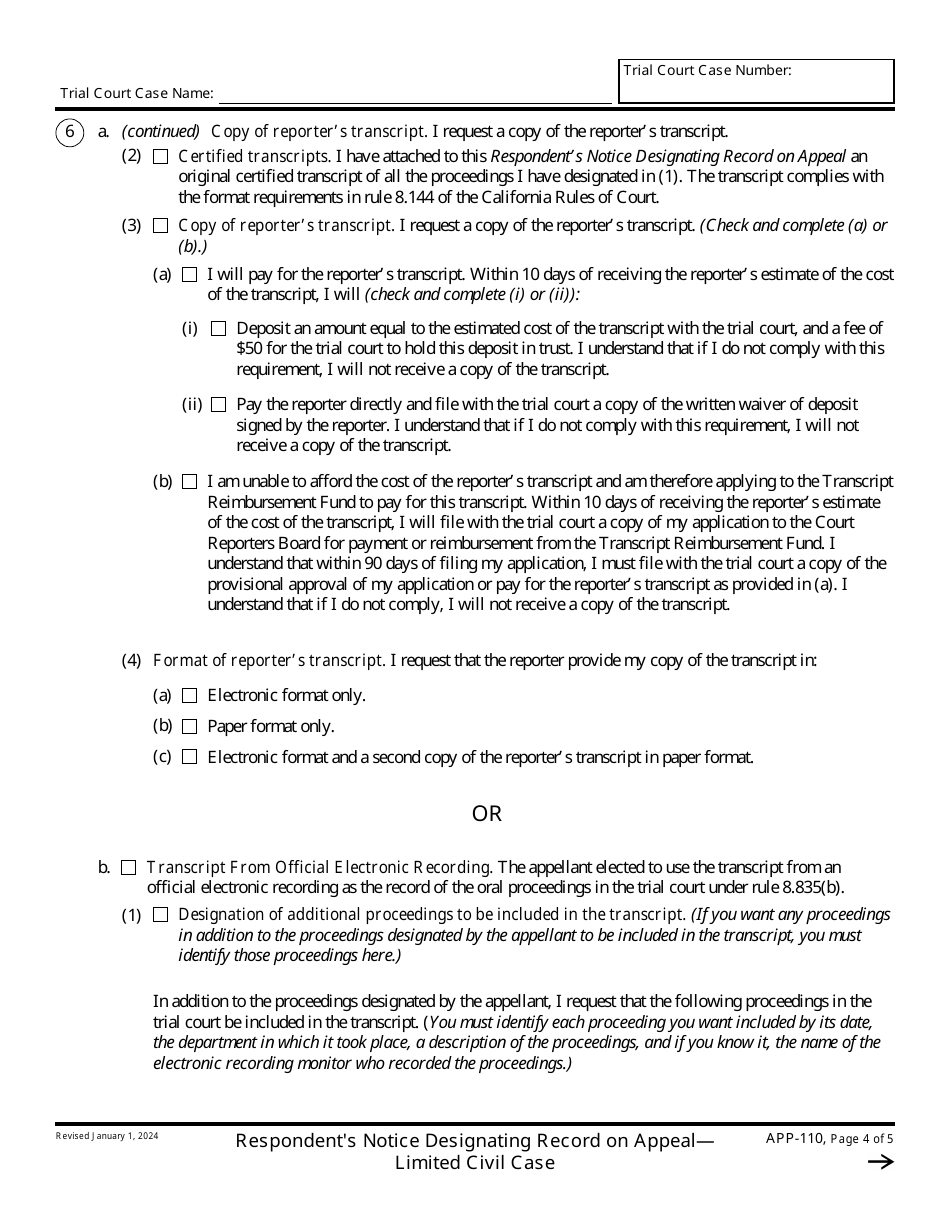Form APP-110 Respondents Notice Designating Record on Appeal - Limited Civil Case - California, Page 4