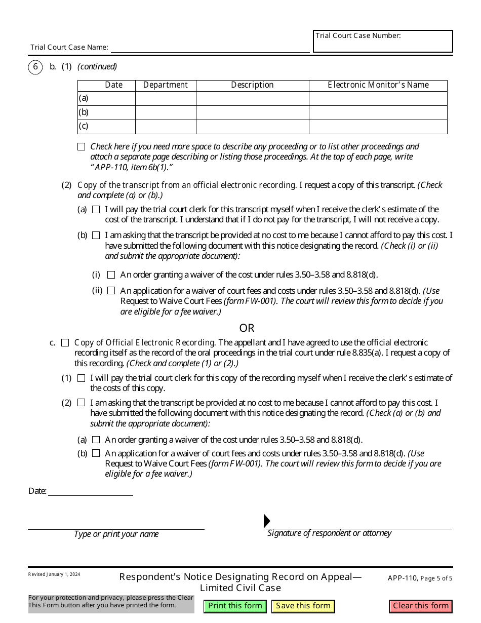 Form APP-110 Respondents Notice Designating Record on Appeal - Limited Civil Case - California, Page 5