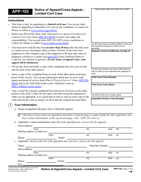 Form APP-102 Notice of Appeal/Cross-appeal - Limited Civil Case - California