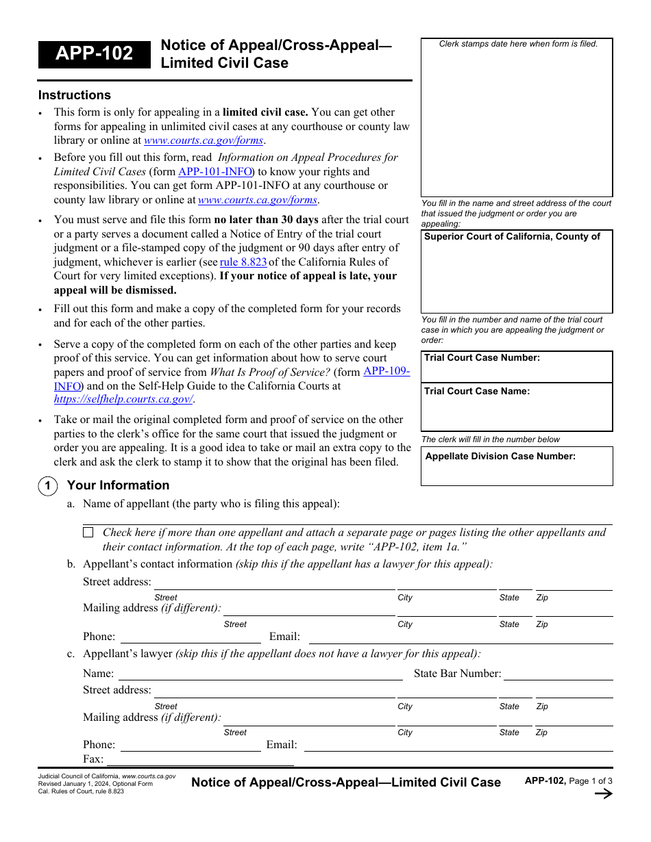 Form APP-102 Notice of Appeal / Cross-appeal - Limited Civil Case - California, Page 1