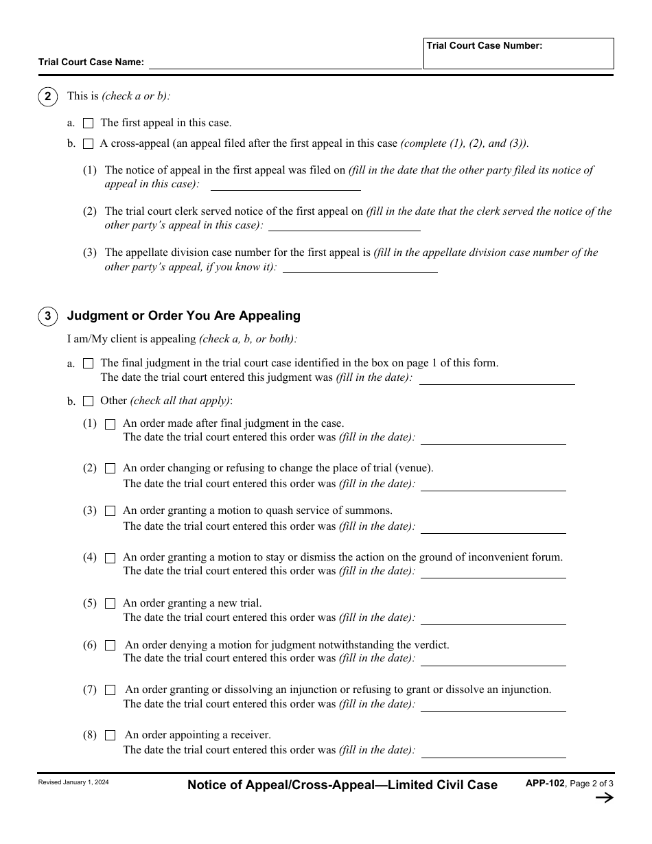 Form APP-102 Notice of Appeal / Cross-appeal - Limited Civil Case - California, Page 2