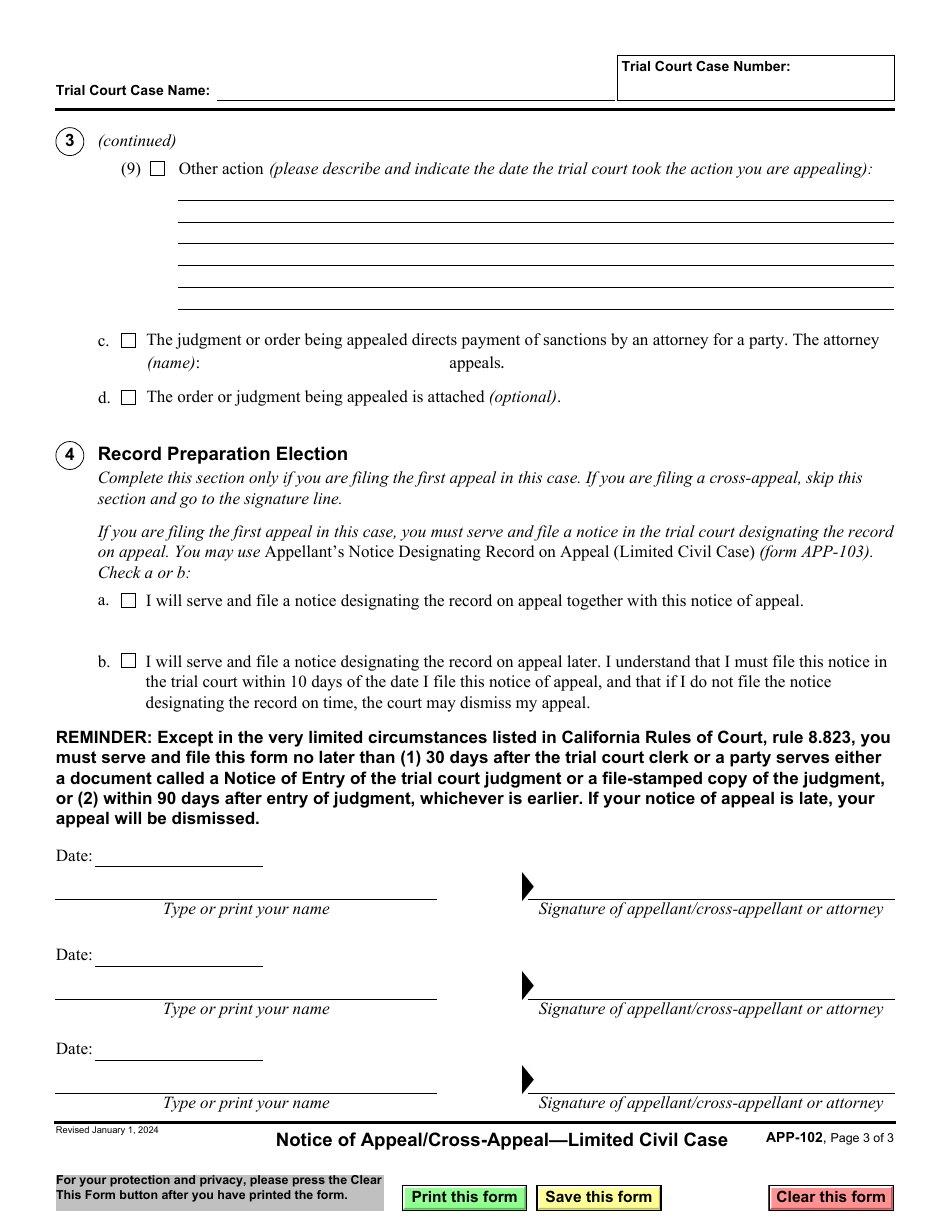 Form APP-102 Notice of Appeal / Cross-appeal - Limited Civil Case - California, Page 3