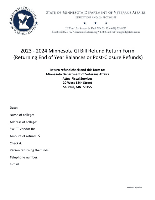 Minnesota Gi Bill Refund Return Form (Returning End of Year Balances or Post-closure Refunds) - Minnesota, 2024