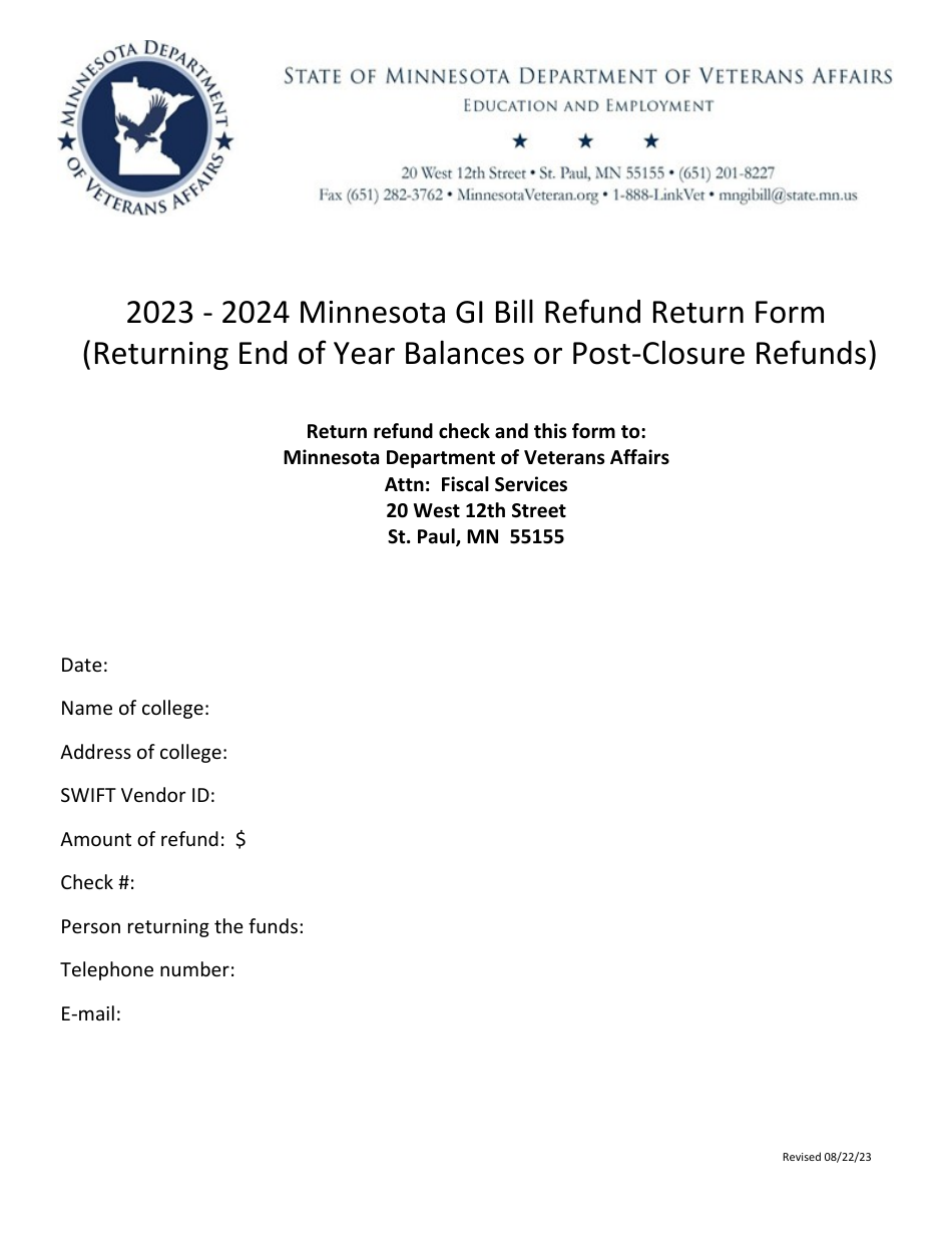 2024 Minnesota Minnesota Gi Bill Refund Return Form (Returning End of