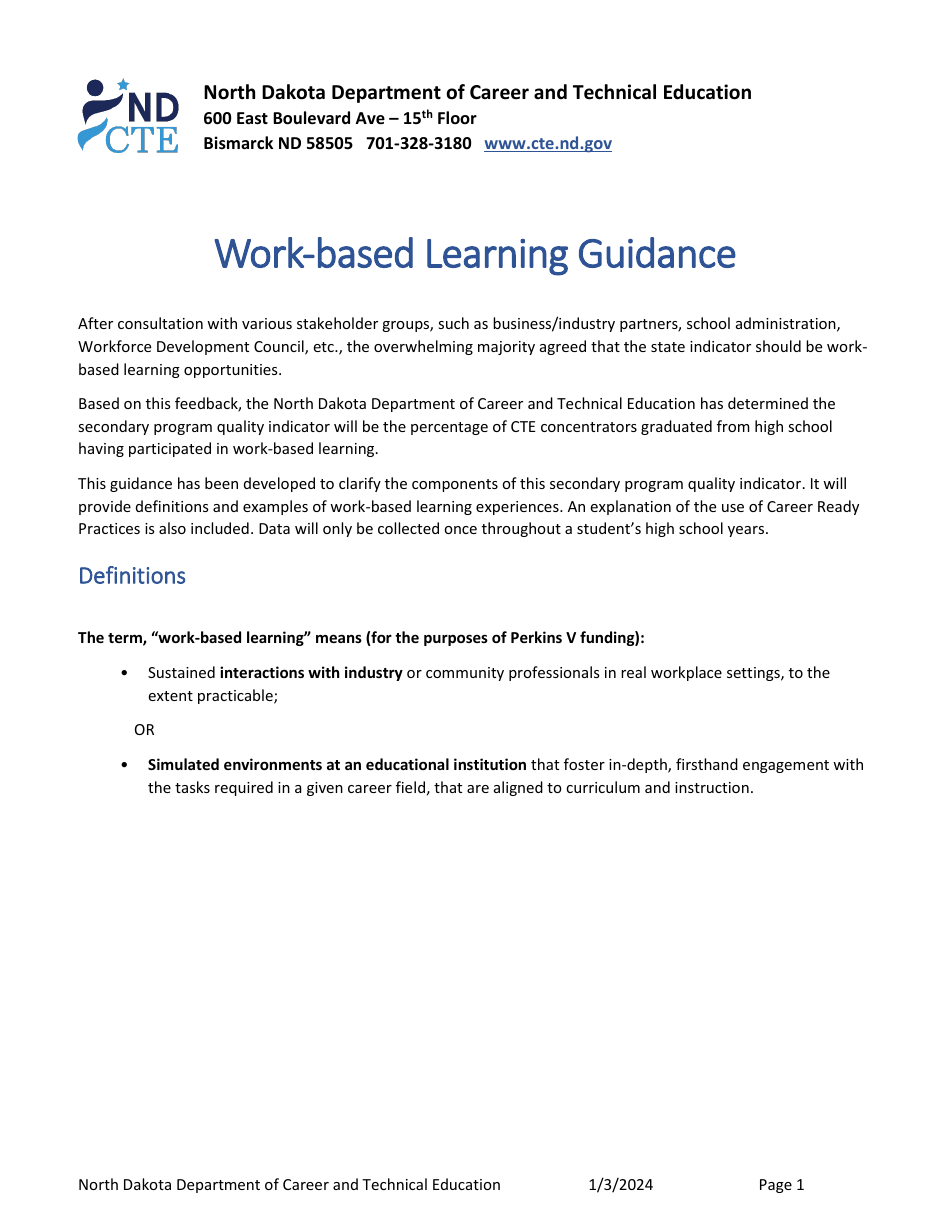 Work-Based Learning Guidance - North Dakota, Page 1
