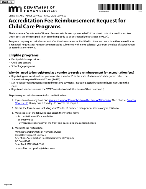Form DHS-7683-ENG Accreditation Fee Reimbursement Request for Child Care Programs - Minnesota