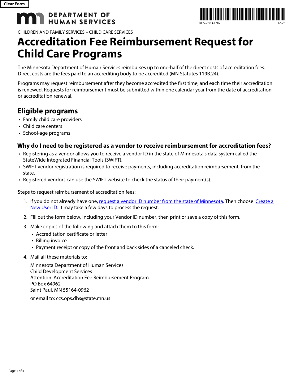 Form DHS-7683-ENG Accreditation Fee Reimbursement Request for Child Care Programs - Minnesota, Page 1