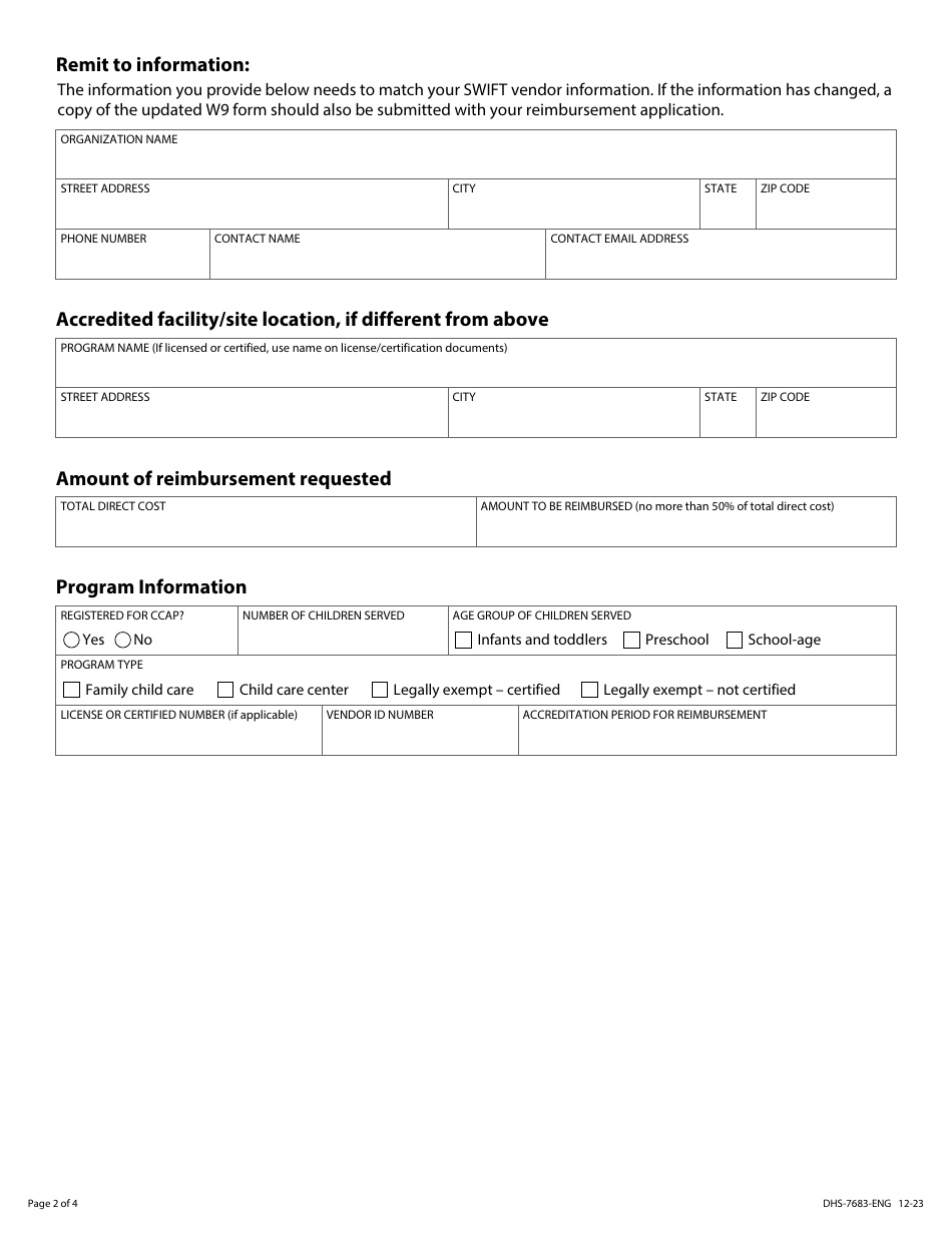 Form DHS-7683-ENG Accreditation Fee Reimbursement Request for Child Care Programs - Minnesota, Page 2