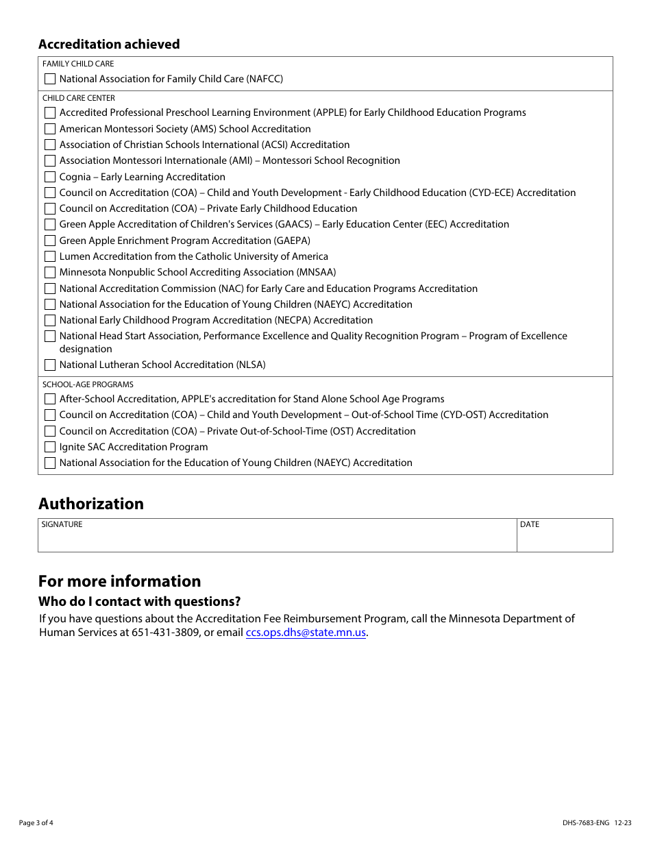 Form DHS-7683-ENG Accreditation Fee Reimbursement Request for Child Care Programs - Minnesota, Page 3