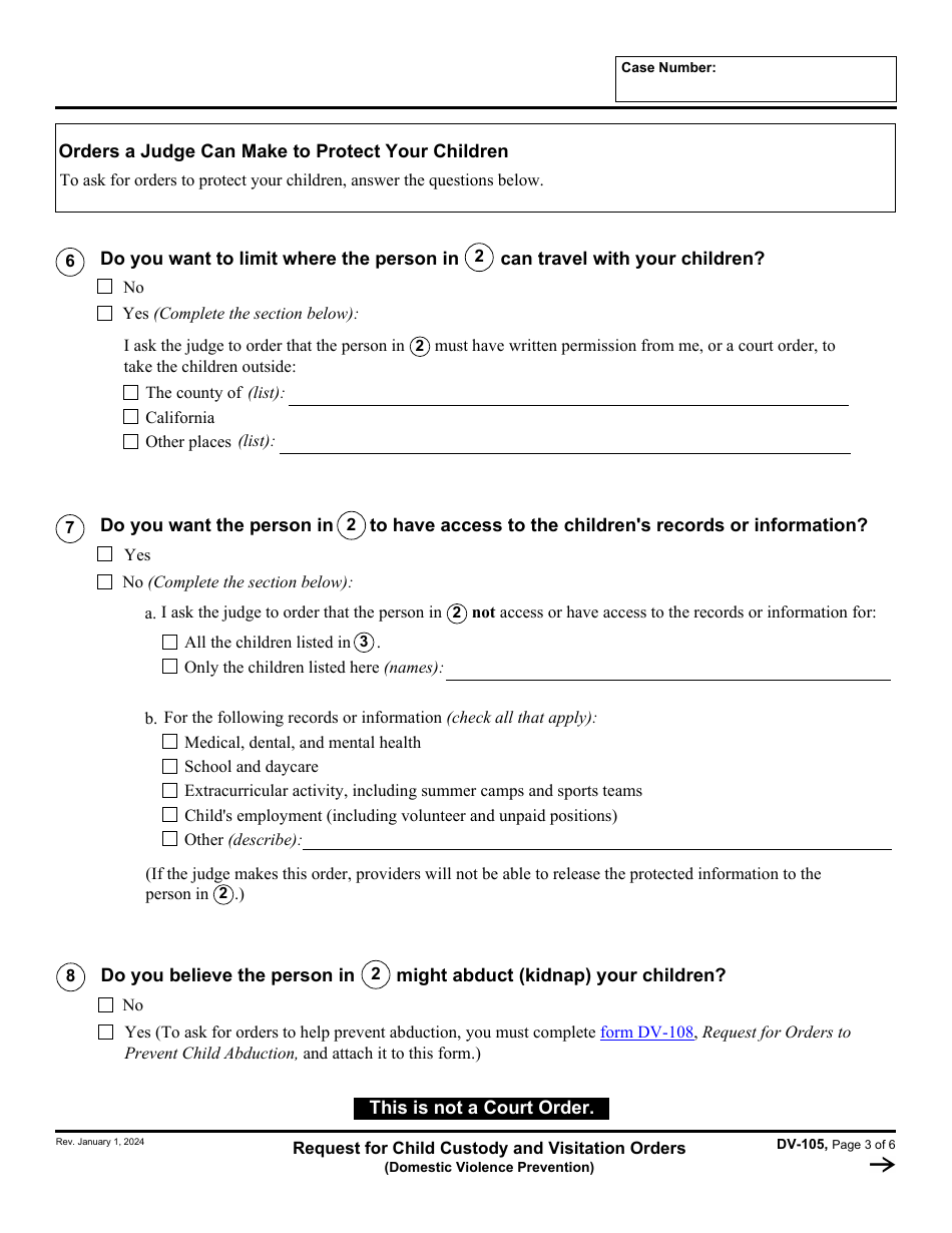 Form DV-105 Request for Child Custody and Visitation Orders - California, Page 3