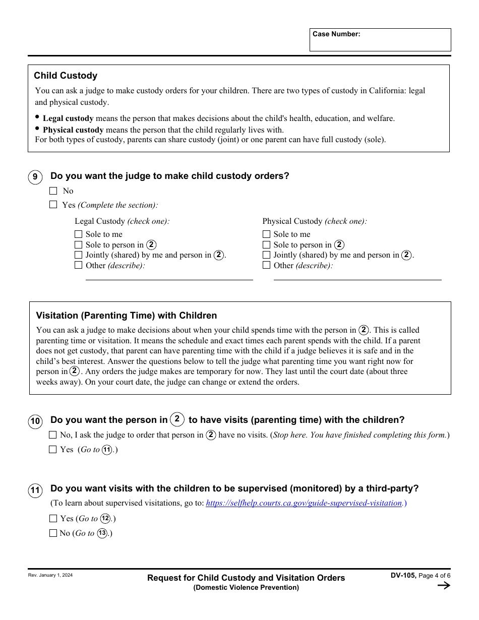 Form DV-105 Request for Child Custody and Visitation Orders - California, Page 4