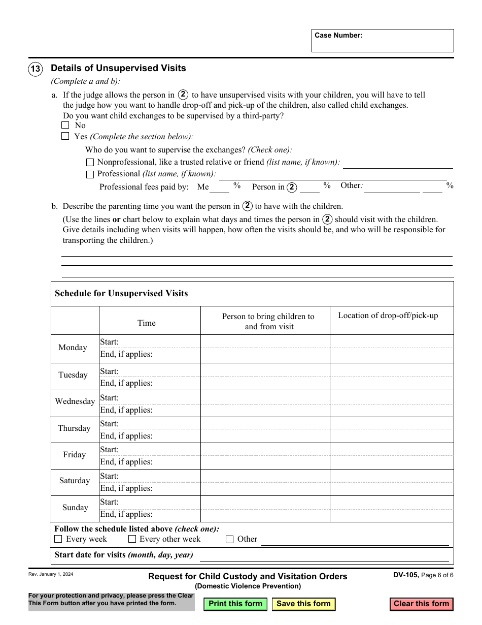 Form DV-105 Request for Child Custody and Visitation Orders - California, Page 6