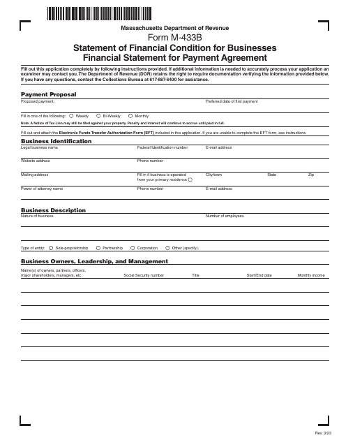 Form M-433B Statement of Financial Condition for Businesses - Financial Statement for Payment Agreement - Massachusetts