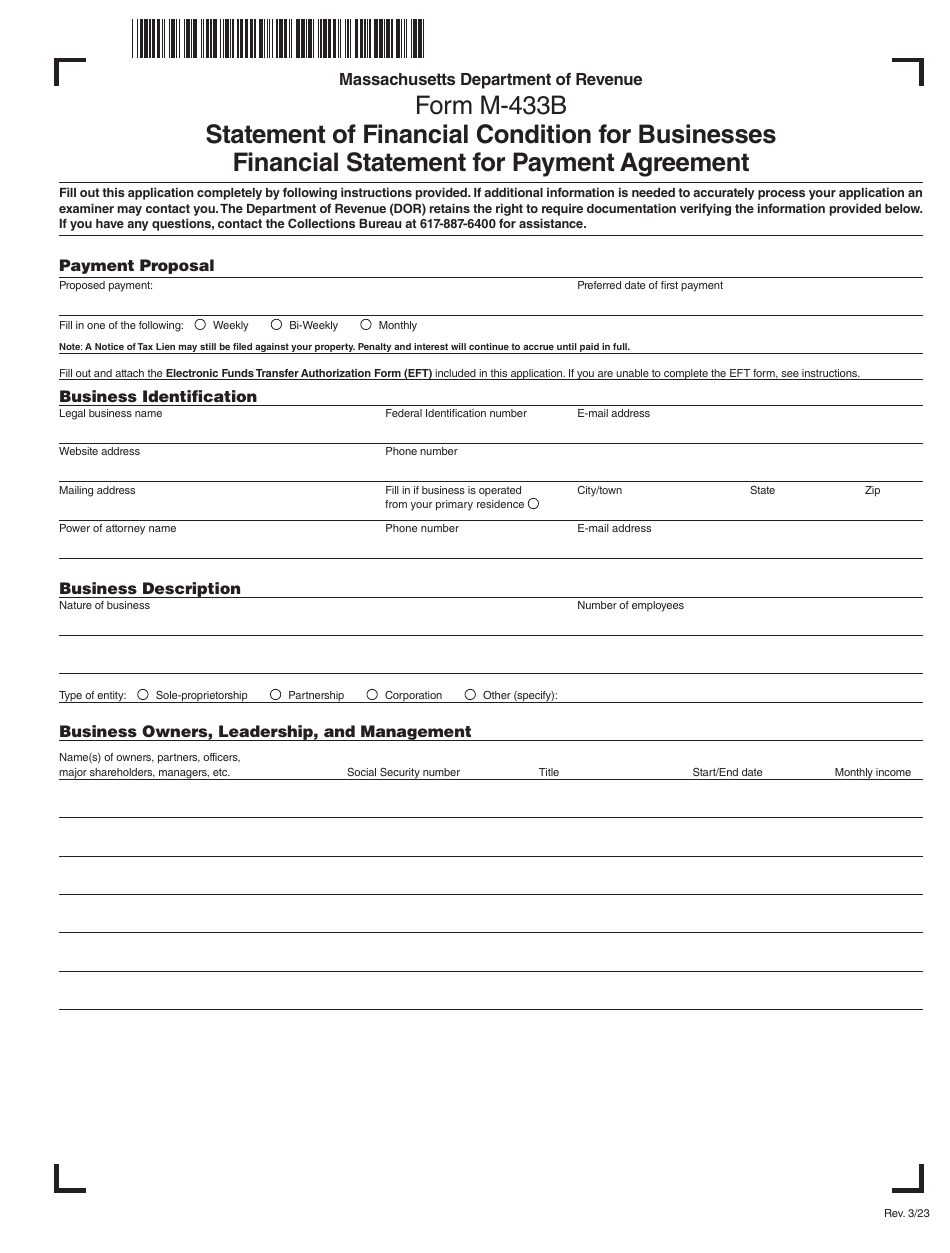 Form M-433B Statement of Financial Condition for Businesses - Financial Statement for Payment Agreement - Massachusetts, Page 1