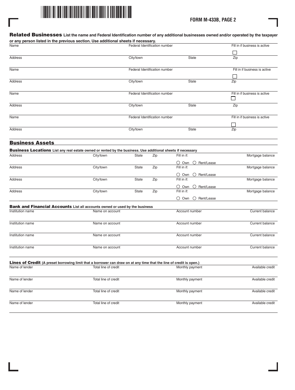 Form M-433B Statement of Financial Condition for Businesses - Financial Statement for Payment Agreement - Massachusetts, Page 2