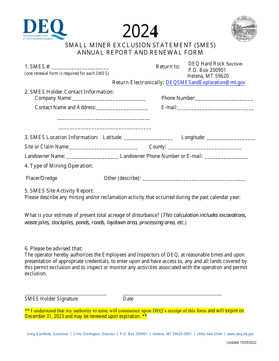 Small Miner Exclusion Statement (Smes) Annual Report and Renewal Form - Montana, Page 1