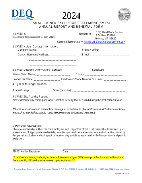 Small Miner Exclusion Statement (Smes) Annual Report and Renewal Form - Montana Download Pdf