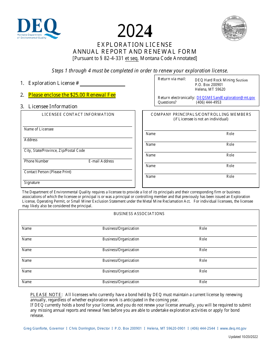 Exploration License Annual Report and Renewal Form - Montana, Page 1