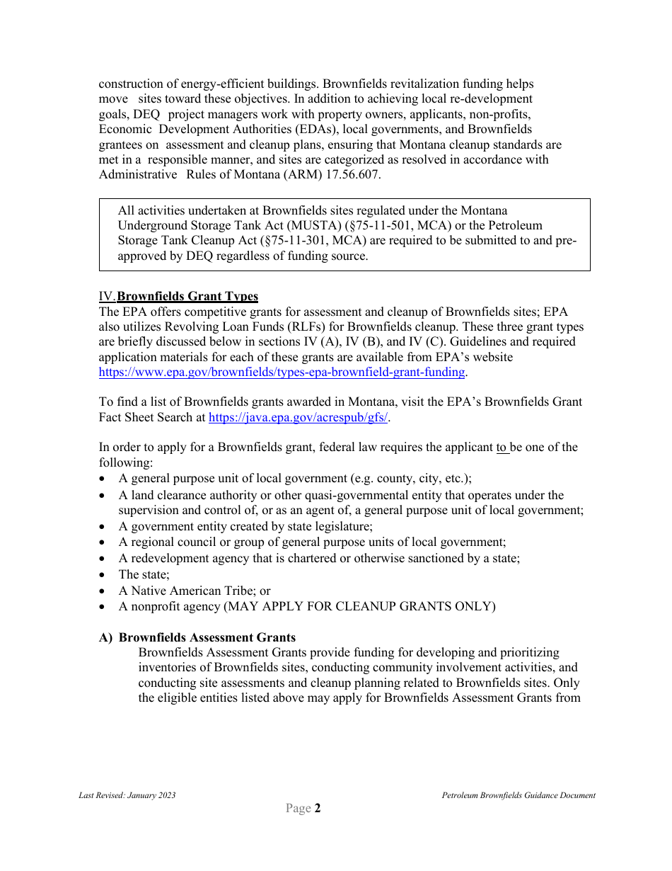 Petroleum Brownfields Guidance - Montana, Page 2