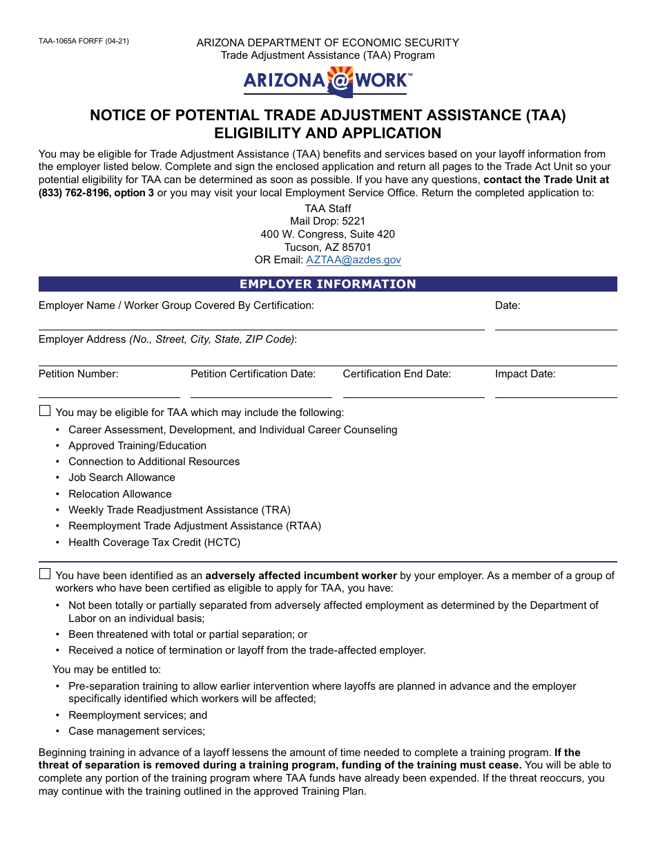 Form TAA-1065A Notice of Potential Trade Adjustment Assistance (Taa) Eligibility and Application - Arizona, Page 1
