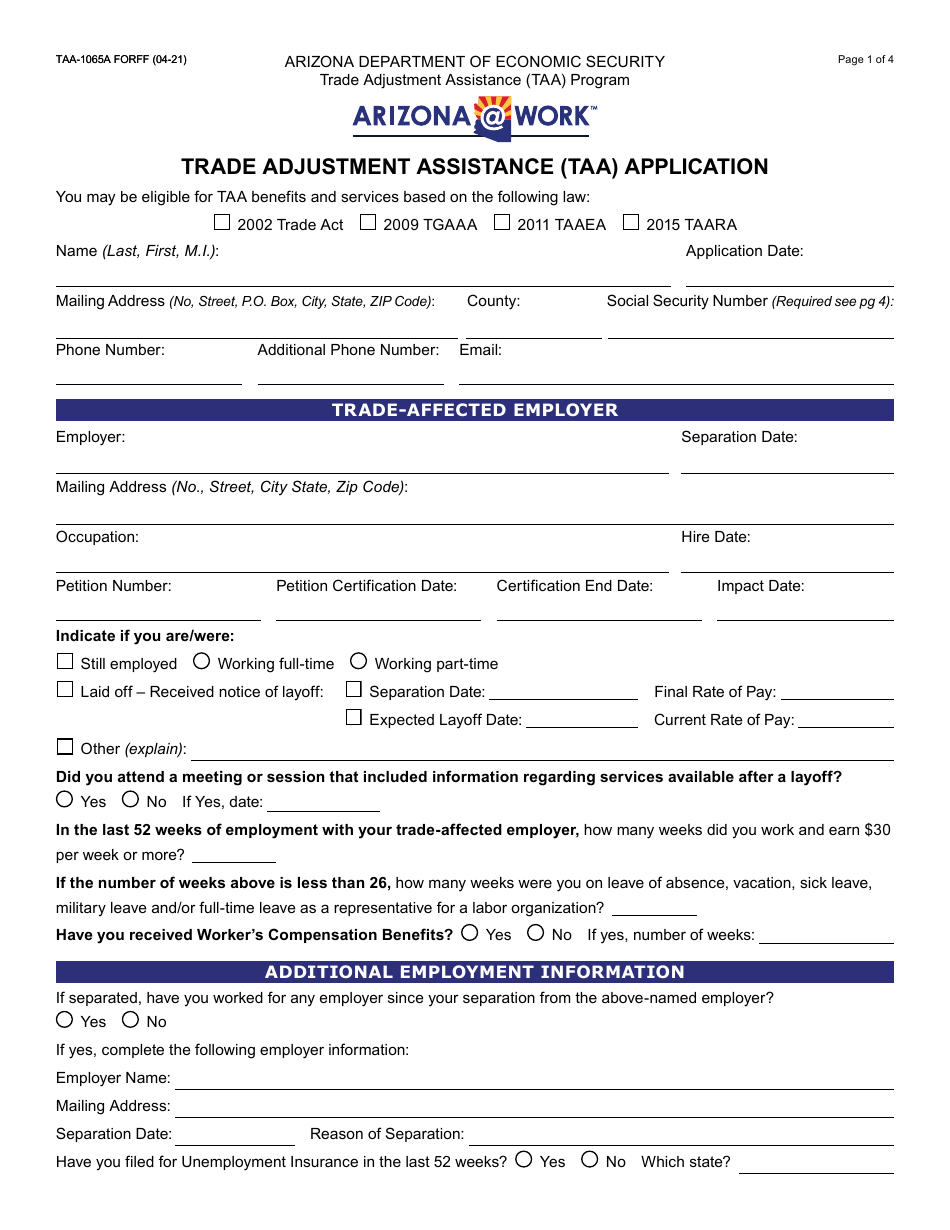 Form TAA-1065A Notice of Potential Trade Adjustment Assistance (Taa) Eligibility and Application - Arizona, Page 2