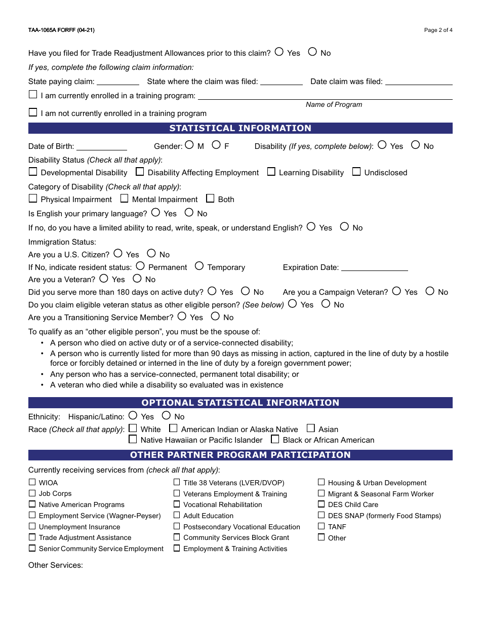 Form TAA-1065A Notice of Potential Trade Adjustment Assistance (Taa) Eligibility and Application - Arizona, Page 3