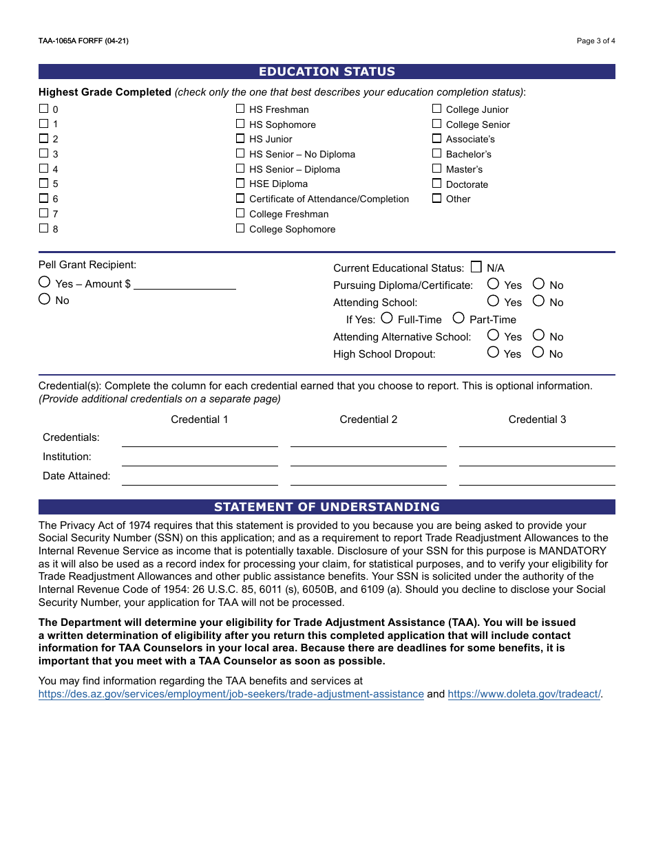 Form TAA-1065A Notice of Potential Trade Adjustment Assistance (Taa) Eligibility and Application - Arizona, Page 4