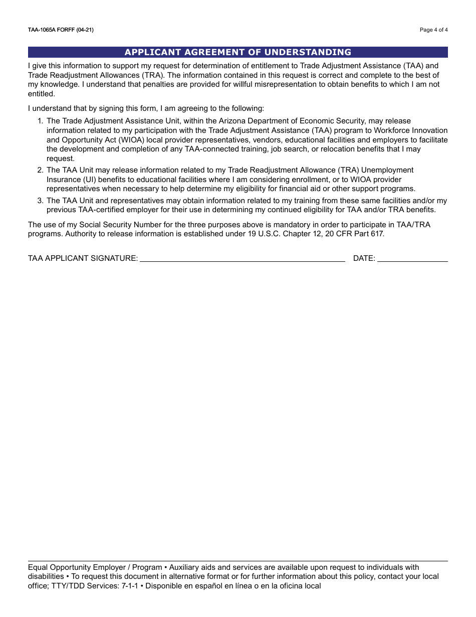 Form TAA-1065A Notice of Potential Trade Adjustment Assistance (Taa) Eligibility and Application - Arizona, Page 5