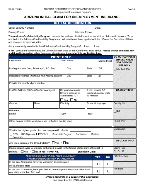 Form UB-105 Arizona Initial Claim for Unemployment Insurance - Arizona