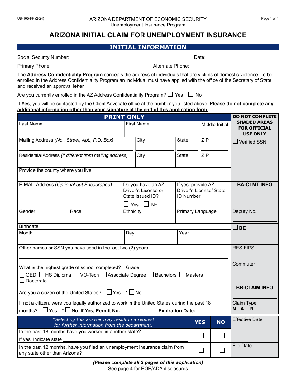 Form UB-105 Arizona Initial Claim for Unemployment Insurance - Arizona, Page 1
