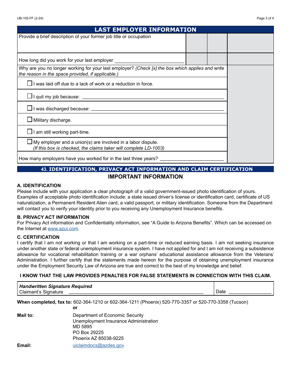Form UB-105 Arizona Initial Claim for Unemployment Insurance - Arizona, Page 3