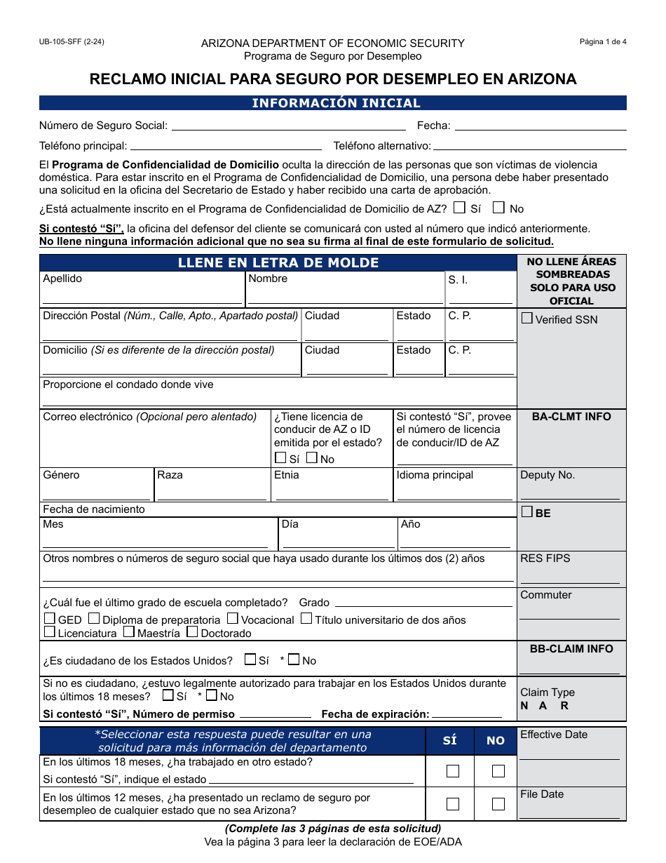 Formulario UB-105-S Reclamo Inicial Para Seguro Por Desempleo En Arizona - Arizona (Spanish), Page 1