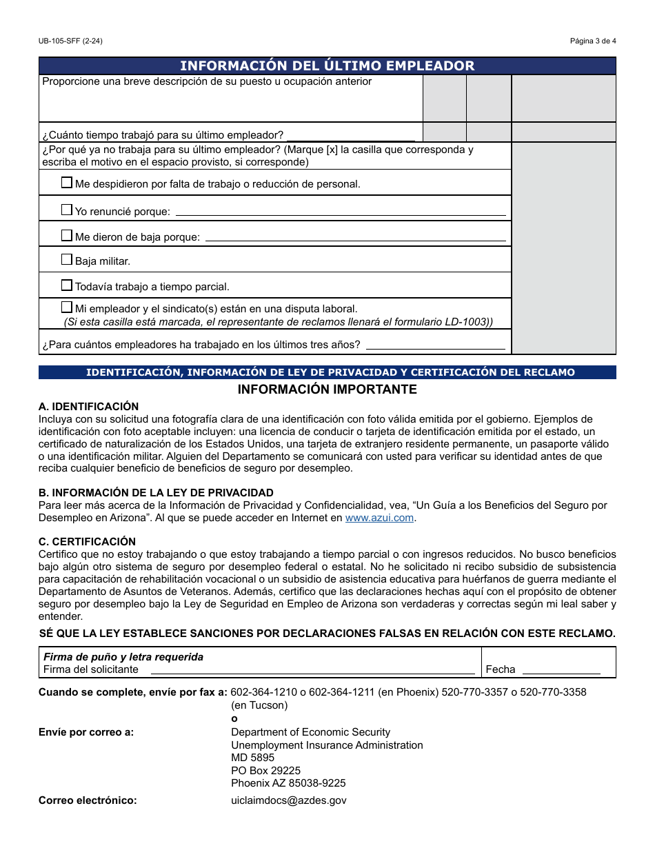 Formulario UB-105-S Reclamo Inicial Para Seguro Por Desempleo En Arizona - Arizona (Spanish), Page 3