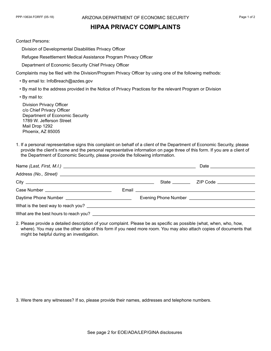 Form PPP-1063A HIPAA Privacy Complaints - Arizona, Page 1