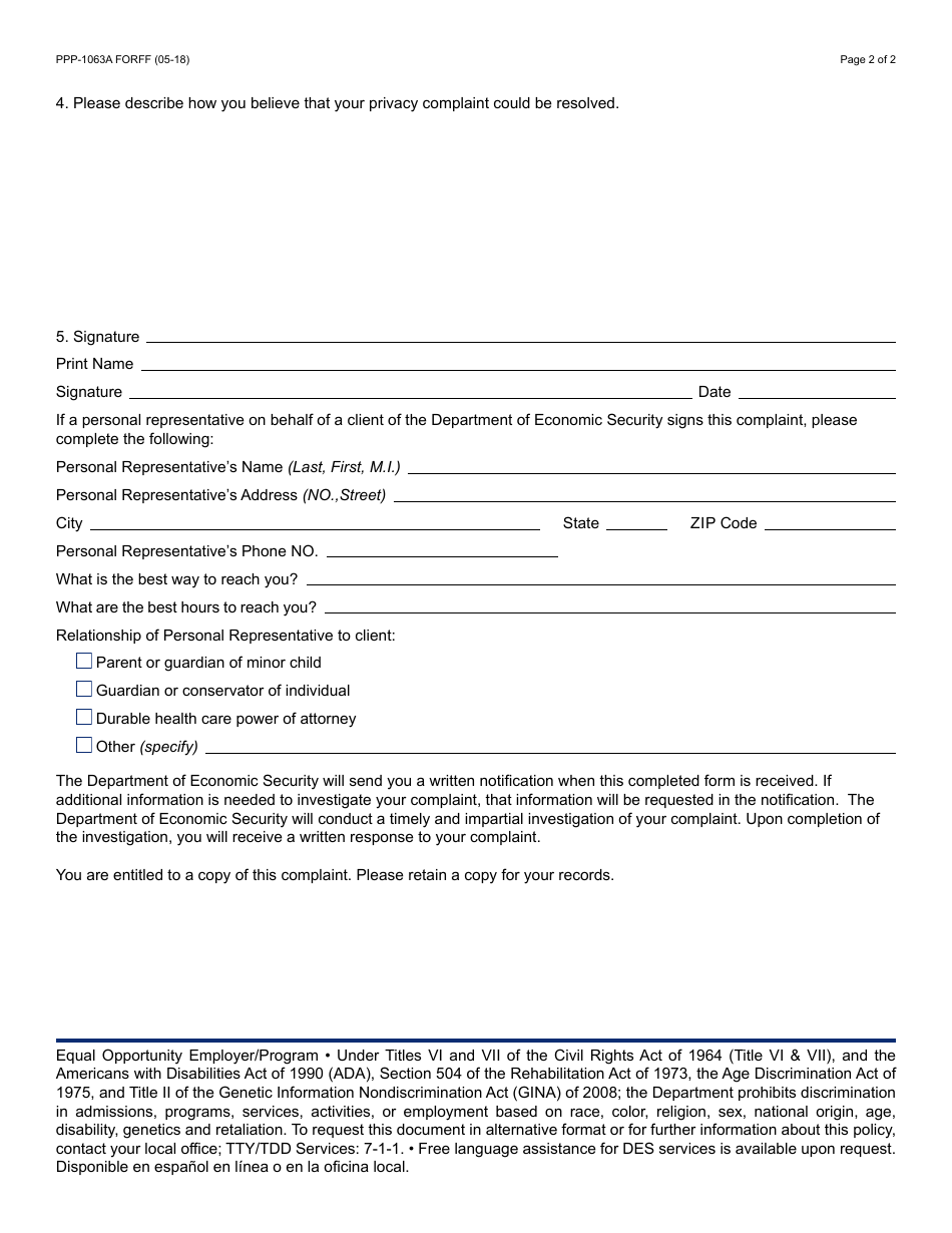 Form PPP-1063A HIPAA Privacy Complaints - Arizona, Page 2