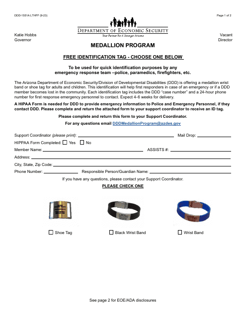 Form DDD-1551A Order Form - Medallion Program - Arizona