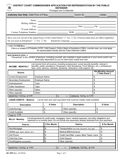 Form DC-099 District Court Commissioner Application for Representation by the Public Defender - Draft - Maryland