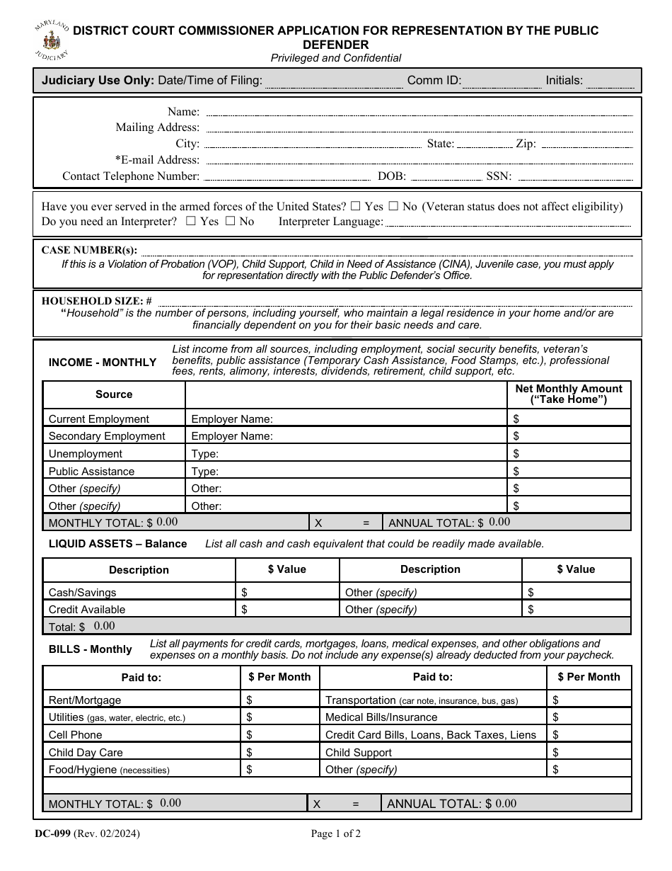 Form DC-099 District Court Commissioner Application for Representation by the Public Defender - Draft - Maryland, Page 1