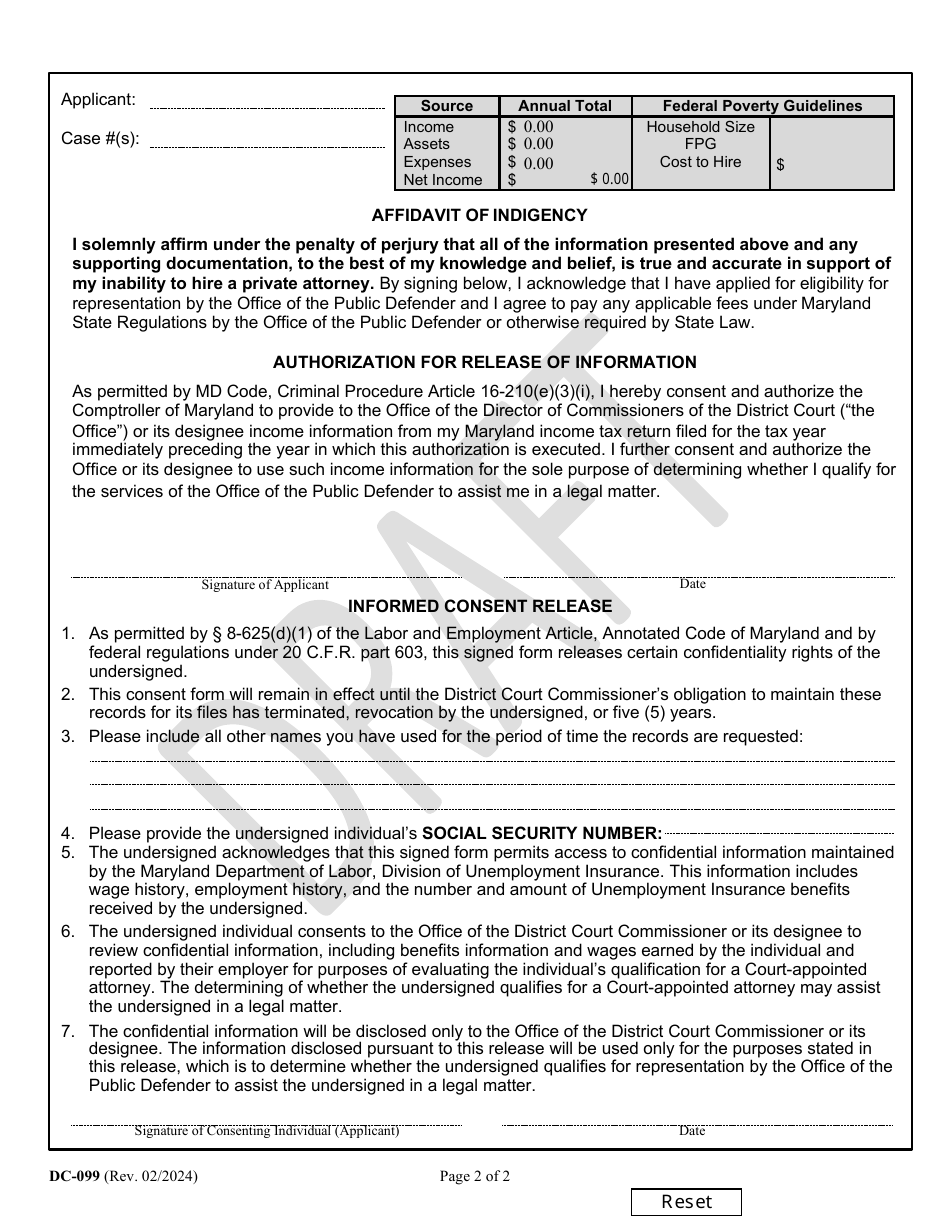 Form DC-099 District Court Commissioner Application for Representation by the Public Defender - Draft - Maryland, Page 2