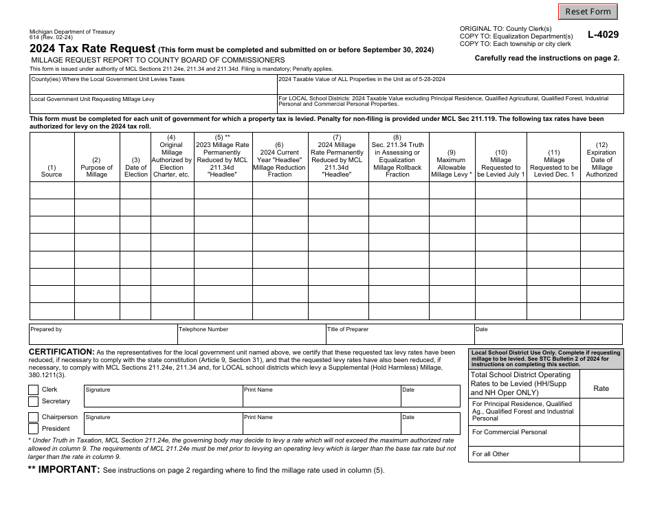 Form 614 (L-4029) Tax Rate Request - Michigan, Page 1