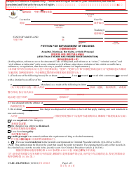 Form CC-DC-CR-072CBLC Petition for Expungement of Records - Acquittal, Dismissal, Not Guilty, or Nolle Prosequi (Less Than 3 Years Has Passed Since Disposition) - Maryland (English/Chinese)
