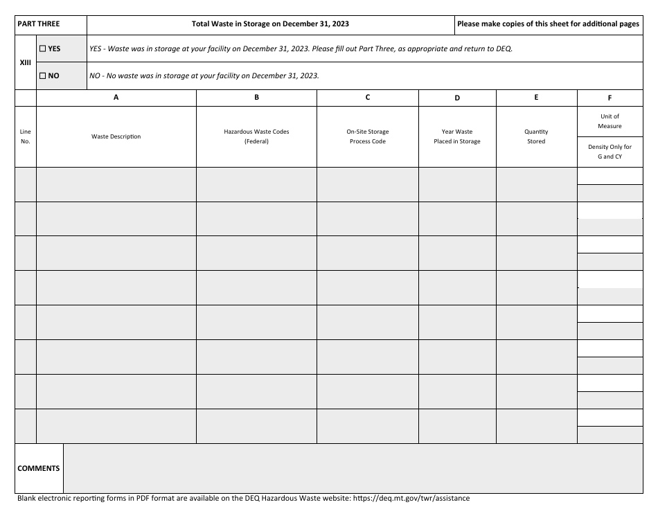 Part 3 Montana Treatment, Storage, and Disposal Facility Annual Report - Total Waste in Storage - Montana, Page 1