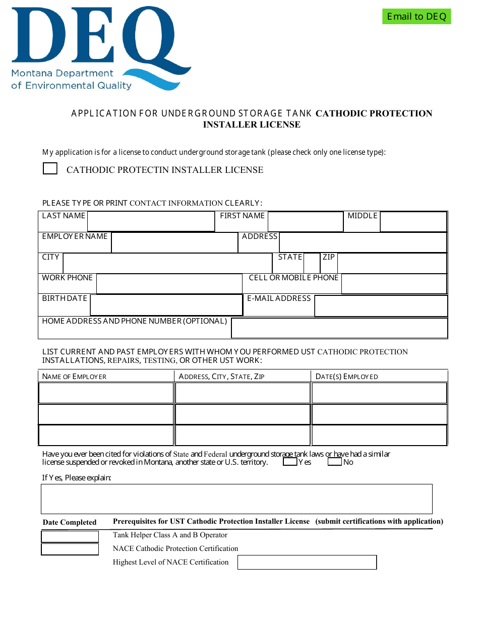 Application for Underground Storage Tank Cathodic Protection Installer License - Montana, Page 1