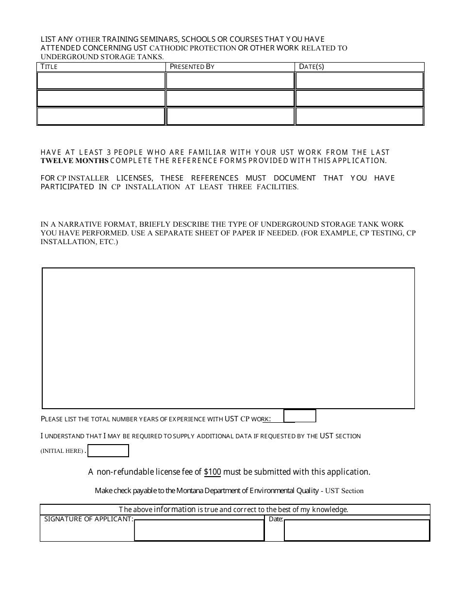 Application for Underground Storage Tank Cathodic Protection Installer License - Montana, Page 2