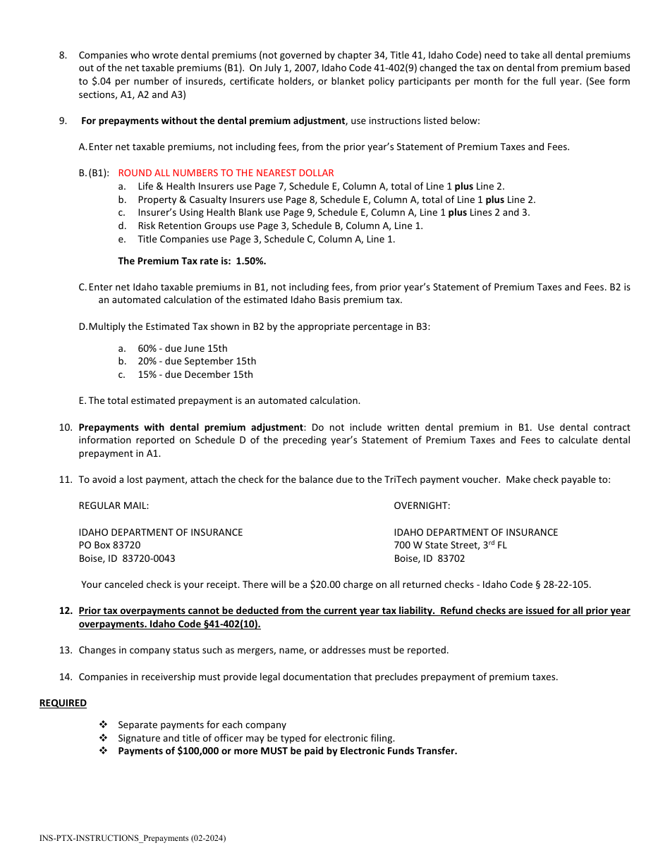 Instructions for Completing and Filing Quarterly Prepayment of Annual Premium Taxes - Idaho, Page 2