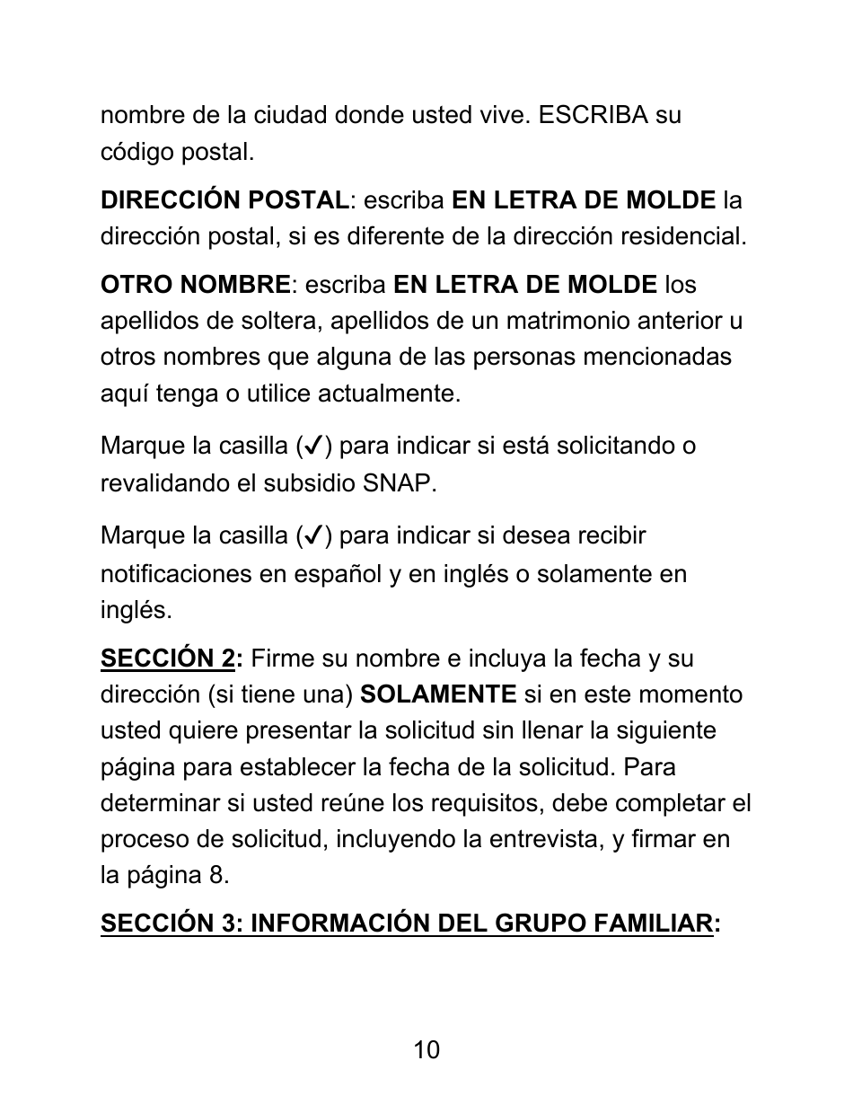 Instrucciones para Formulario LDSS-4826 LP Solicitud / Revalidacion Para El Programa De Asistencia Nutricional Suplementaria (Snap) - Letra Grande - New York (Spanish), Page 10