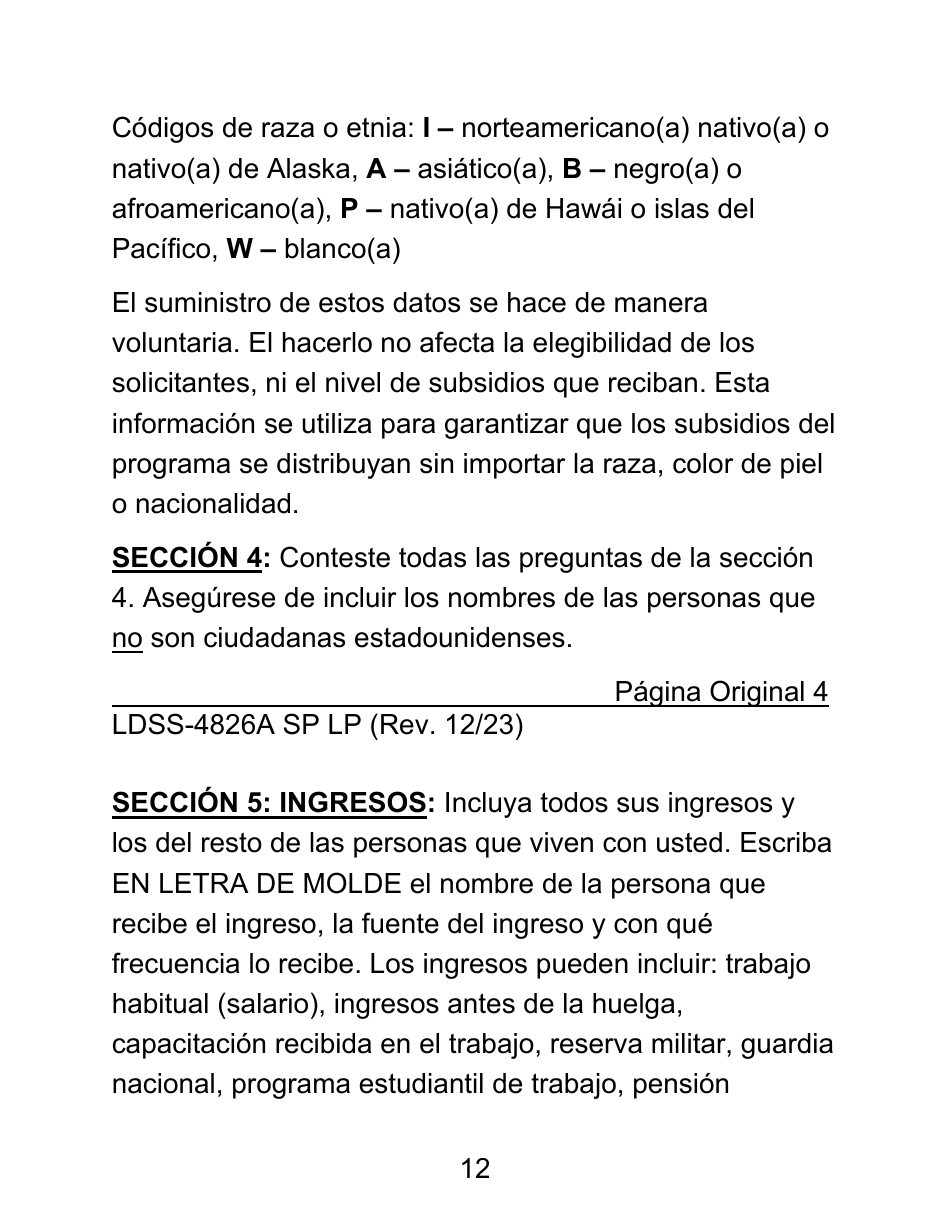 Instrucciones para Formulario LDSS-4826 LP Solicitud / Revalidacion Para El Programa De Asistencia Nutricional Suplementaria (Snap) - Letra Grande - New York (Spanish), Page 12