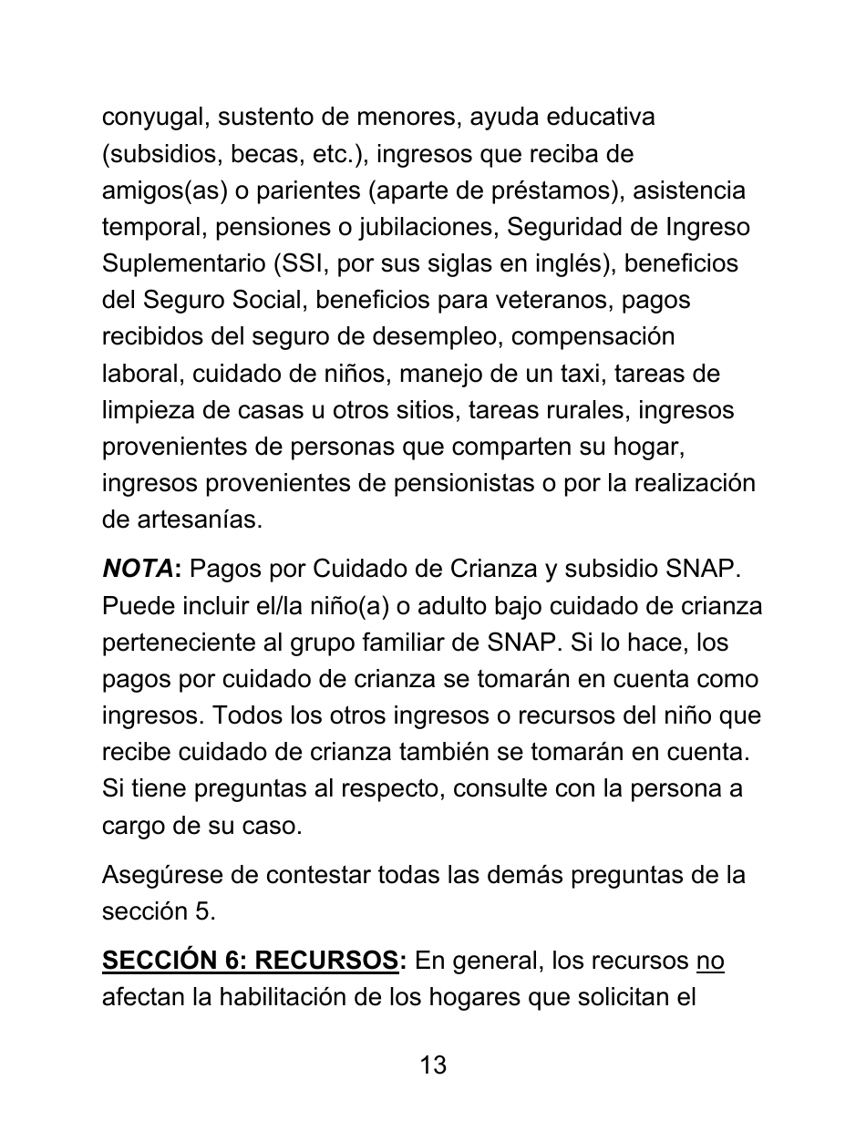 Instrucciones para Formulario LDSS-4826 LP Solicitud / Revalidacion Para El Programa De Asistencia Nutricional Suplementaria (Snap) - Letra Grande - New York (Spanish), Page 13
