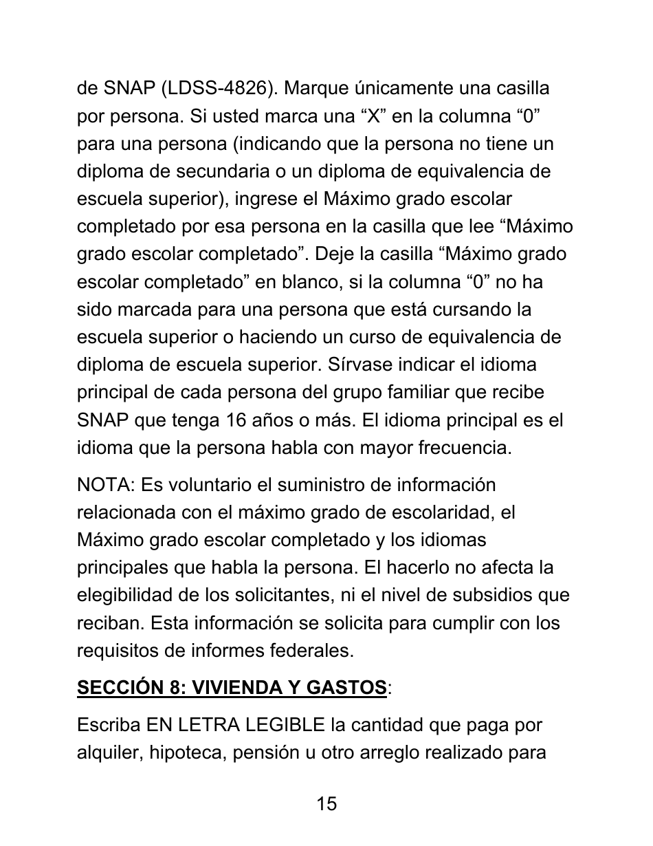 Instrucciones para Formulario LDSS-4826 LP Solicitud / Revalidacion Para El Programa De Asistencia Nutricional Suplementaria (Snap) - Letra Grande - New York (Spanish), Page 15