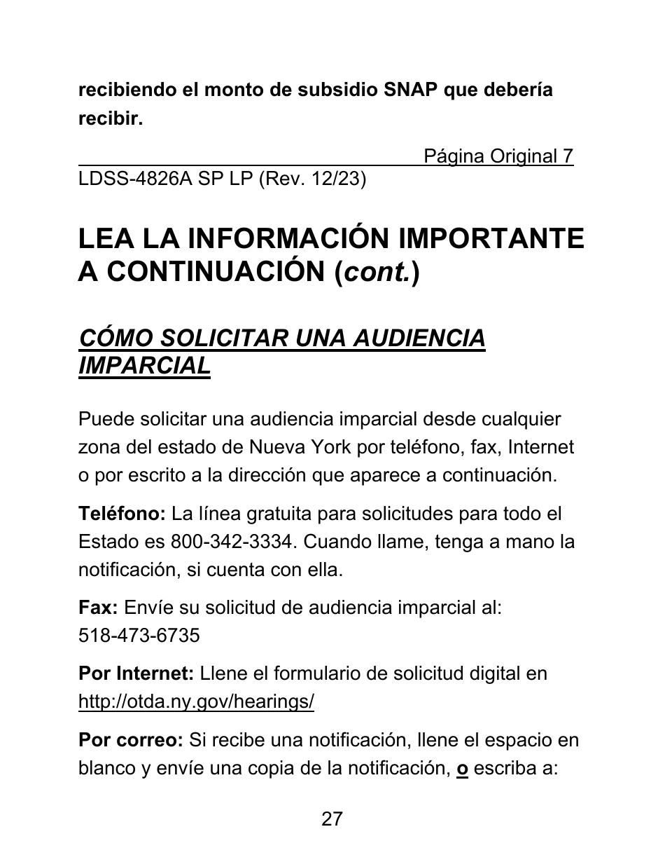 Instrucciones para Formulario LDSS-4826 LP Solicitud / Revalidacion Para El Programa De Asistencia Nutricional Suplementaria (Snap) - Letra Grande - New York (Spanish), Page 27
